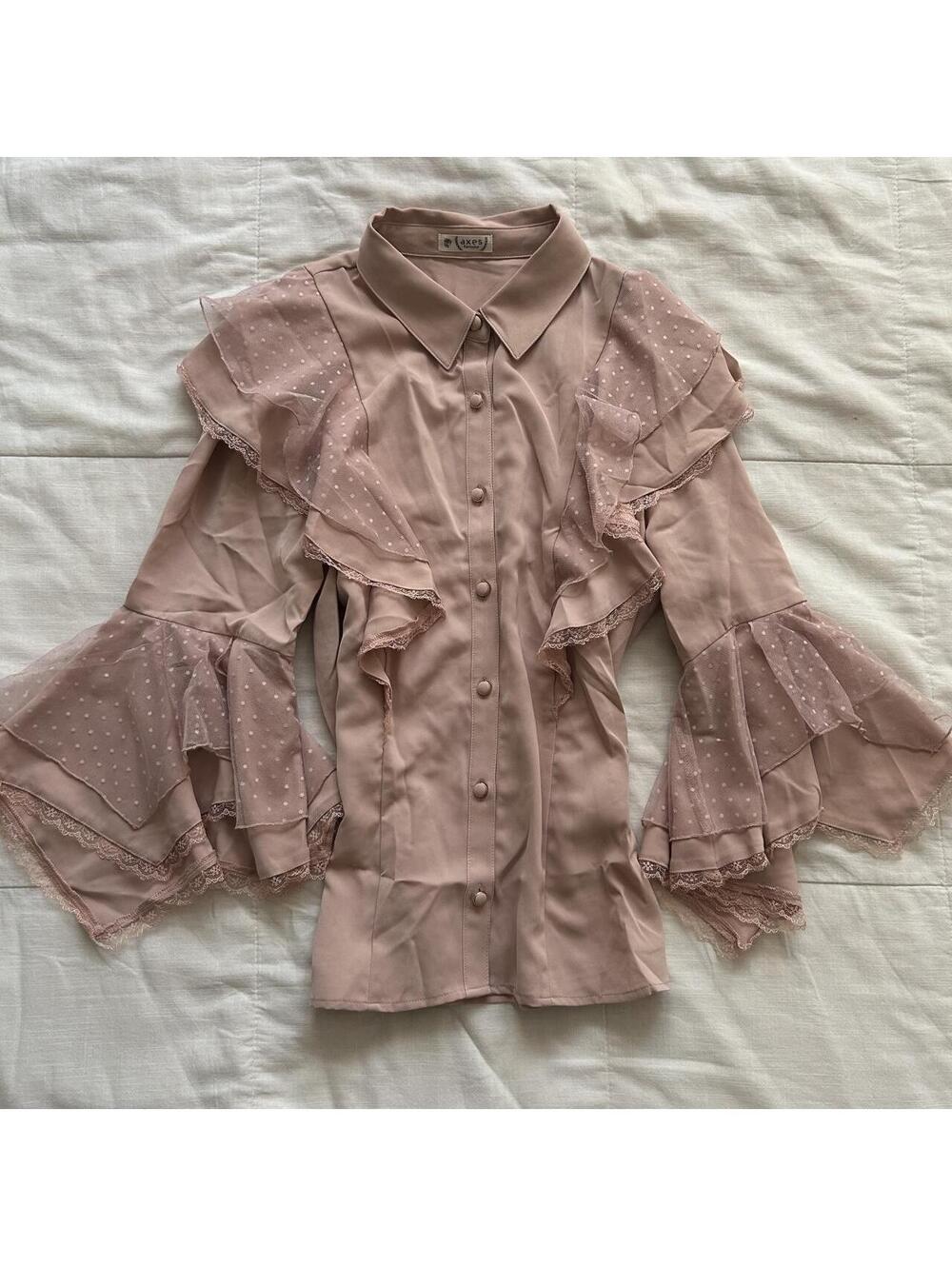 Axes Femme Dusty Pink Tiered Bell Sleeve Tulle Ruffle Blouse Medium Japan